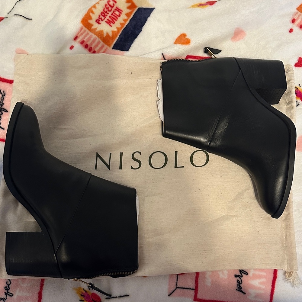 Nisolo Black Leather Ankle Booties with Block Heel